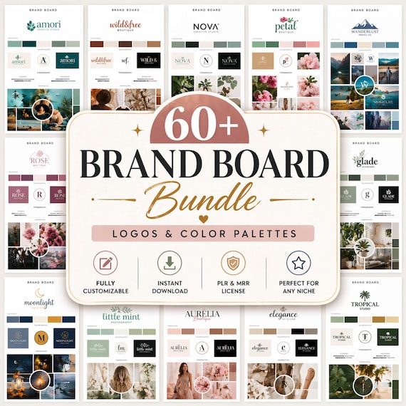 60+ Brand Board Templates Bundle – Canva Business Branding Kit, Logo Design Kits, Color Palette, Mood Boards – DIY Business Branding PLR MRR