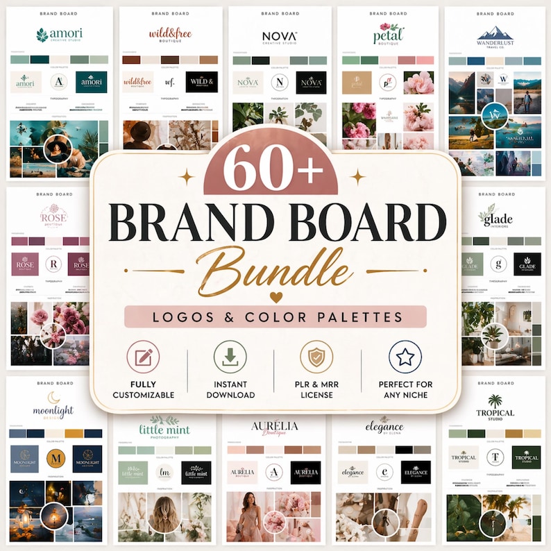 Pu&ograve; includere: Una raccolta di modelli di brand board con loghi e palette di colori. L'immagine presenta una grafica centrale che recita "60+ BRAND BOARD Bundle" con le parole "loghi e palette di colori" sottostanti. I modelli sono completamente personalizzabili.