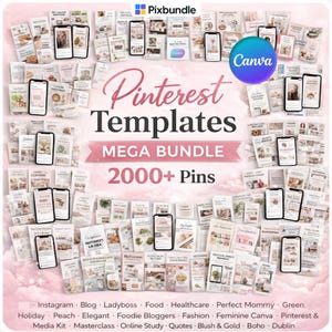 May include: A collection of Pinterest templates displayed on smartphones and printed materials. The image features the text "Pinterest Templates MEGA BUNDLE 2000+ Pins" with a Canva logo. Keywords: Instagram, Blog, Food, Healthcare.