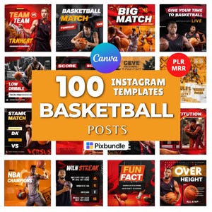 May include: A collection of 100 Instagram templates for basketball posts. The templates feature images of basketball players, game-related text, and the Canva and Pixbundle logos. The color scheme is primarily red and black.