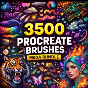 May include: A digital art graphic with the text "3500 PROCREATE BRUSHES MEGA BUNDLE". The image features a colorful dragon, tiger, and fantasy woman with butterflies. Various brush stroke designs in rainbow colors are also shown.