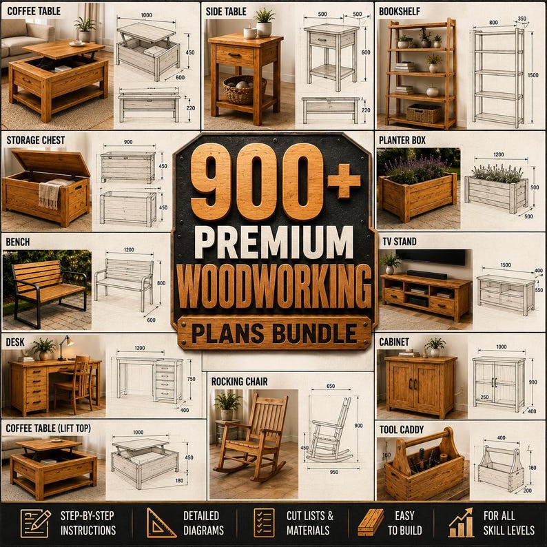 May include: A digital collection of 900+ premium woodworking plans featuring various furniture items like coffee tables, side tables, bookshelves, storage chests, planter boxes, benches, TV stands, desks, cabinets, rocking chairs, and tool caddies.