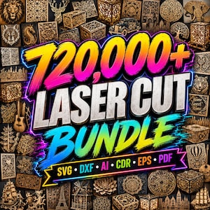 Könnte beinhalten: Eine digitale Sammlung von über 720.000 Lasercut-Designs mit einer Vielzahl komplexer Holzmuster, Tierporträts, architektonischer Strukturen und dekorativer Boxen, mit den Dateiformaten SVG, DXF, AI, CDR, EPS und PDF.