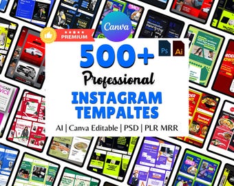 May include: A collection of digital tablets displaying various Instagram templates. The central image features the text "500+ Professional Instagram Templates" with "Canva Editable" and other design software logos. The overall theme is digital marketing and social media.