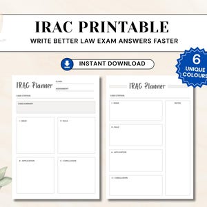 May include: Two white IRAC planner sheets with black text and lines. The top text reads IRAC PRINTABLE WRITE BETTER LAW EXAM ANSWERS FASTER. Each sheet includes sections for case citation, issue, rule, application, and conclusion. A blue badge states 6 UNIQUE COLOURS.