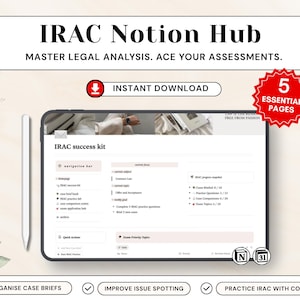 以下が含まれることがあります： タブレット画面に表示されたデジタルIRAC Notion Hubテンプレート。ナビゲーションバー、進捗状況のスナップショット、試験の優先トピックを備えたIRACサクセスキットのインターフェース、スタイラスペン、および5つの必須ページを示す赤いバッジが含まれています。