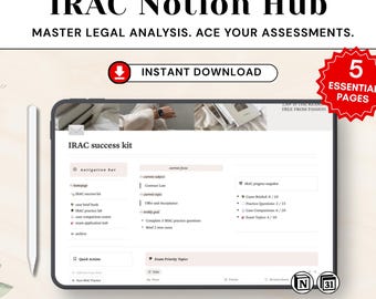 Plantilla IRAC de Notion para estudiantes de derecho / Centro de redacción jurídica y resúmenes de casos / Planificador de estudios para la facultad de derecho / Identificación de problemas y preparación para exámenes