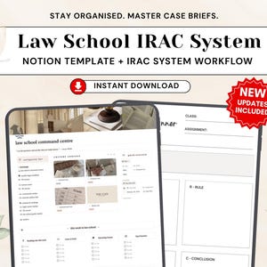 May include: Digital template for law school, featuring the "Law School IRAC System" for Notion. The image shows a tablet displaying a law school command centre interface, with a planner and assignment sections. Text includes "Instant Download" and "New Updates Included."