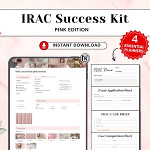 May include: IRAC Success Kit Pink Edition digital planner set featuring a tablet display of a Notion dashboard and four printable templates including an IRAC Planner, Exam Application Sheet, IRAC Case Brief, and Case Comparison Sheet with pink butterfly accents.