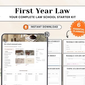 Könnte beinhalten: Ein digitales Starter-Kit für das Jurastudium mit einem Tablet, das ein Law School Command Centre Dashboard anzeigt, sowie druckbaren Planerseiten, inklusive dem Text First Year Law und 6 Essential Planners.