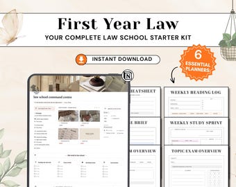 Puede incluir: Un kit digital de inicio para la facultad de derecho con una tableta que muestra un panel de control, junto con páginas de planificador imprimibles, incluyendo el texto First Year Law y 6 Essential Planners.