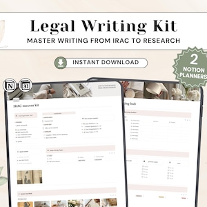 May include: A digital Legal Writing Kit featuring two Notion planners for IRAC and research. The interface displays navigation bars, task lists, and case study sections. The design includes butterfly illustrations, a hanging plant, and text.