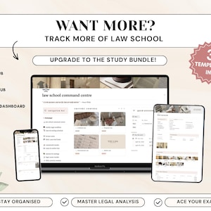 Puede incluir: Un paquete de estudio digital con una computadora port&aacute;til, una tableta y un tel&eacute;fono inteligente que muestran una interfaz de centro de comando para la facultad de derecho. El texto incluye WANT MORE? TRACK MORE OF LAW SCHOOL, UPGRADE TO THE STUDY BUNDLE!, 3 TEMPLATES IN 1.