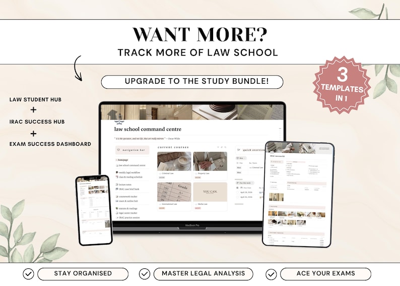 Puede incluir: Un paquete de estudio digital con una computadora port&aacute;til, una tableta y un tel&eacute;fono inteligente que muestran una interfaz de centro de comando para la facultad de derecho. El texto incluye WANT MORE? TRACK MORE OF LAW SCHOOL, UPGRADE TO THE STUDY BUNDLE!, 3 TEMPLATES IN 1.