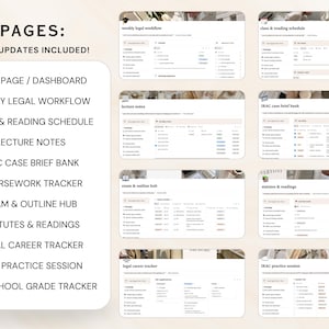 Puede incluir: Una plantilla de planificador digital para estudiantes de derecho que incluye una lista de p&aacute;ginas como Home Page, Weekly Legal Workflow, Class & Reading Schedule, Lecture Notes, IRAC Case Brief Bank, Coursework Tracker, Exam & Outline Hub, Statutes & Readings, Legal Career Tracker, IRAC Practice Session y Law School Grade Tracker.