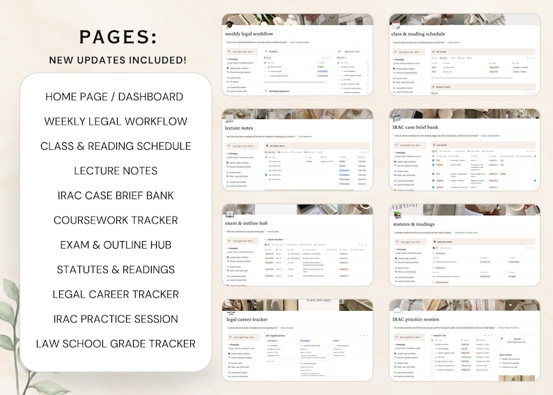 Puede incluir: Una plantilla de planificador digital para estudiantes de derecho que incluye una lista de p&aacute;ginas como Home Page, Weekly Legal Workflow, Class & Reading Schedule, Lecture Notes, IRAC Case Brief Bank, Coursework Tracker, Exam & Outline Hub, Statutes & Readings, Legal Career Tracker, IRAC Practice Session y Law School Grade Tracker.