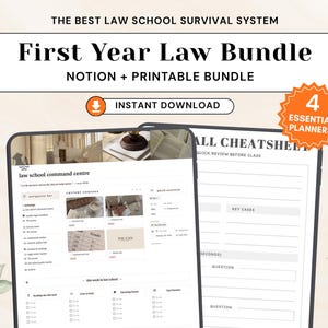 Op de afbeelding: Digitale bundel voor rechtenstudenten met de tekst "First Year Law Bundle" en "Notion + Printable Bundle". Bevat een digitale planner en een scherm "Law School Command Centre". De afbeelding toont ook een badge "4 Essential Planners".