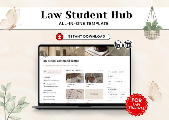 Law School Notion Template | Law Student Planner with Case Brief, IRAC, Exam Dashboard and Digital Study Organiser