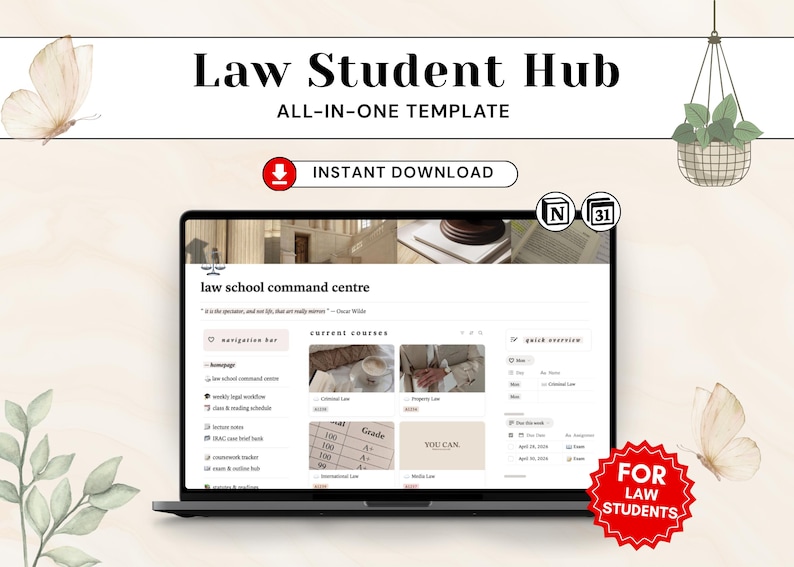 Puede incluir: Una plantilla digital titulada Law Student Hub All-In-One Template mostrada en una pantalla de port&aacute;til. La interfaz presenta un panel de control Law School Command Centre con secciones para navegaci&oacute;n, cursos actuales y un resumen r&aacute;pido.