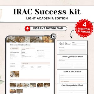 May include: IRAC Success Kit Light Academia Edition digital planner set featuring a Notion dashboard interface and four printable templates including an IRAC Planner, Exam Application Sheet, IRAC Case Brief, and Case Comparison Sheet.