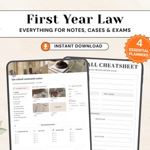 May include: A digital law school command centre and cheat sheet planner set featuring the text First Year Law, Everything for Notes, Cases & Exams, Instant Download, and 4 Essential Planners. The layout includes task lists, course overviews, and legal study templates displayed on tablet screens with butterfly and plant illustrations.