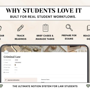 Puede incluir: Una interfaz digital para estudiantes de derecho titulada Criminal Law, con secciones para c&oacute;digo, estado, archivos y plan de estudios. Arriba, iconos y texto dicen: Why Students Love It, Plan Your Week, Track Readings, Brief Cases & Manage Tasks, Prepare for Exams, Reach Your Goals.