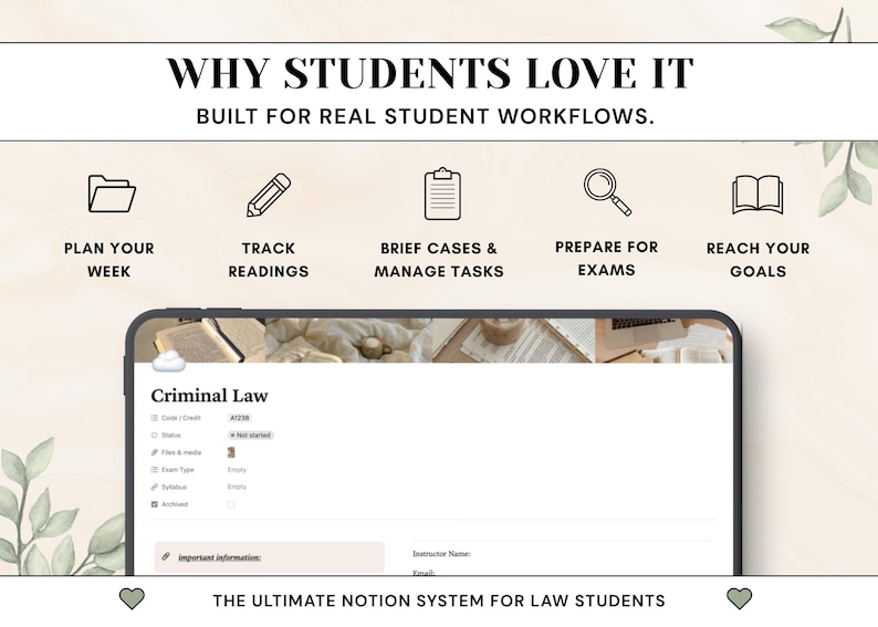 Puede incluir: Una interfaz digital para estudiantes de derecho titulada Criminal Law, con secciones para c&oacute;digo, estado, archivos y plan de estudios. Arriba, iconos y texto dicen: Why Students Love It, Plan Your Week, Track Readings, Brief Cases & Manage Tasks, Prepare for Exams, Reach Your Goals.