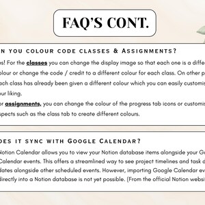 Puede incluir: Un documento de preguntas frecuentes titulado FAQ'S CONT. con un icono de lista de tareas e ilustraciones bot&aacute;nicas. Explica c&oacute;mo codificar por colores clases y tareas en Notion y aclara que las bases de datos no se sincronizan con Google Calendar.