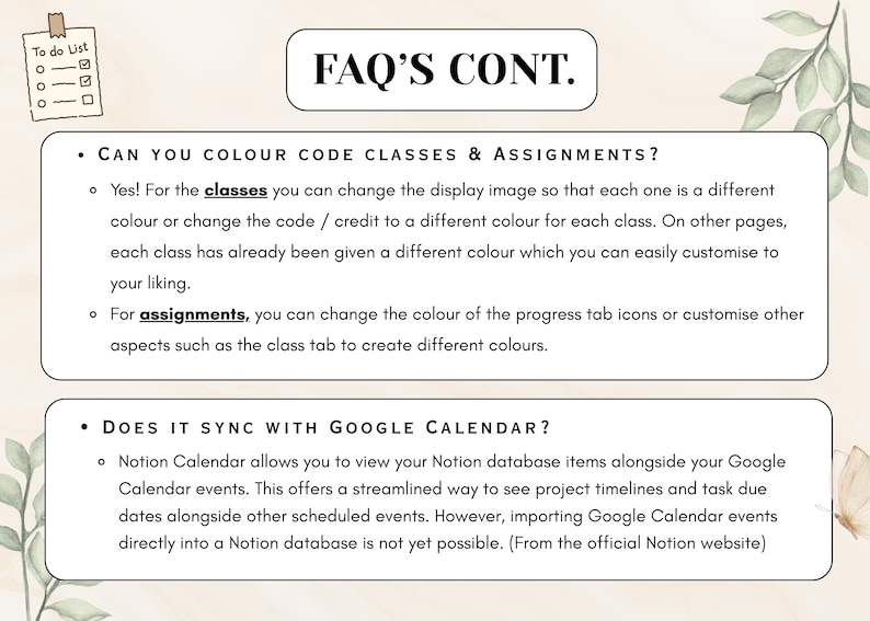 Puede incluir: Un documento de preguntas frecuentes titulado FAQ'S CONT. con un icono de lista de tareas e ilustraciones bot&aacute;nicas. Explica c&oacute;mo codificar por colores clases y tareas en Notion y aclara que las bases de datos no se sincronizan con Google Calendar.