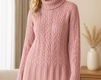 Patrón de suéter de punto trenzado para mujer, jersey de cuello alto grueso, suéter de punto Aran, descarga instantánea en PDF.