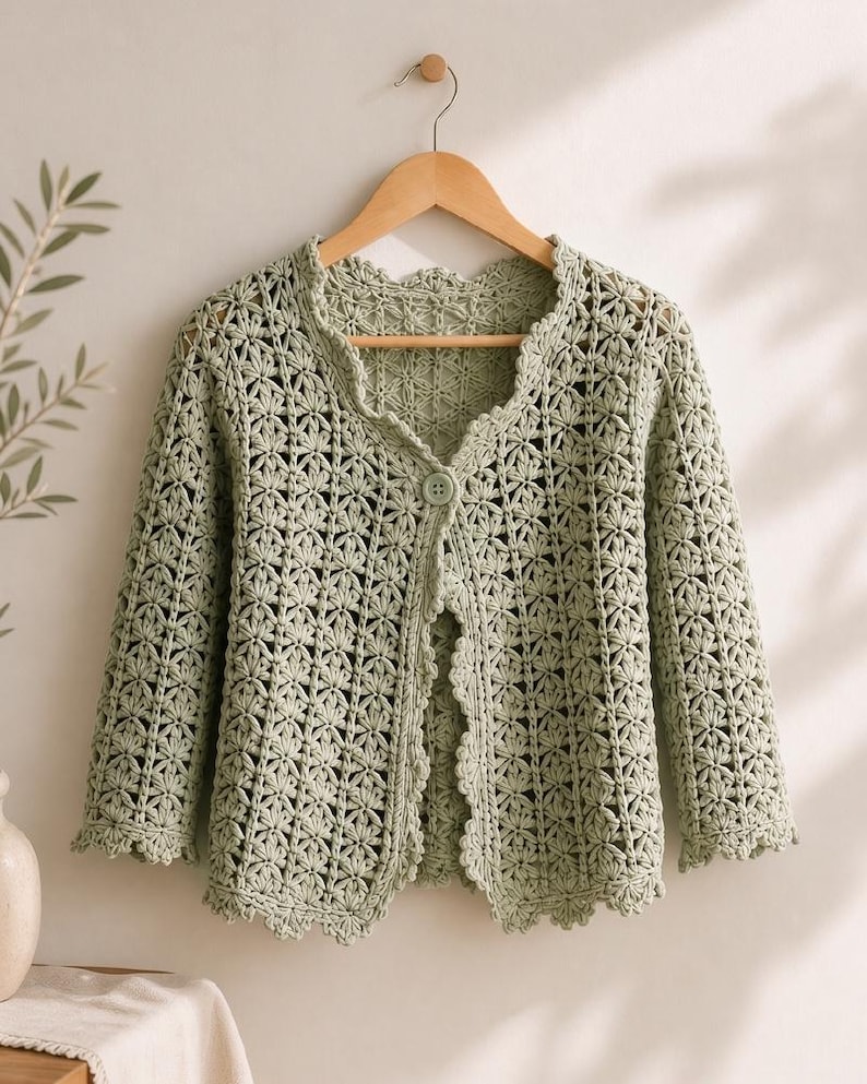 K&ouml;nnte beinhalten: Hellgr&uuml;ne H&auml;keljacke mit gewelltem Saum und einem einzelnen Knopfverschluss. Die Dreiviertel&auml;rmel und das zarte Blumenmuster erzeugen eine feminine und luftige &Auml;sthetik. Die Strickjacke wird auf einem Holzb&uuml;gel pr&auml;sentiert.