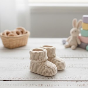 May include: A pair of beige knitted baby booties with folded cuffs. The booties are made of a soft, textured yarn and are placed on a white wooden surface. In the background, a wicker basket and a toy rabbit are visible.