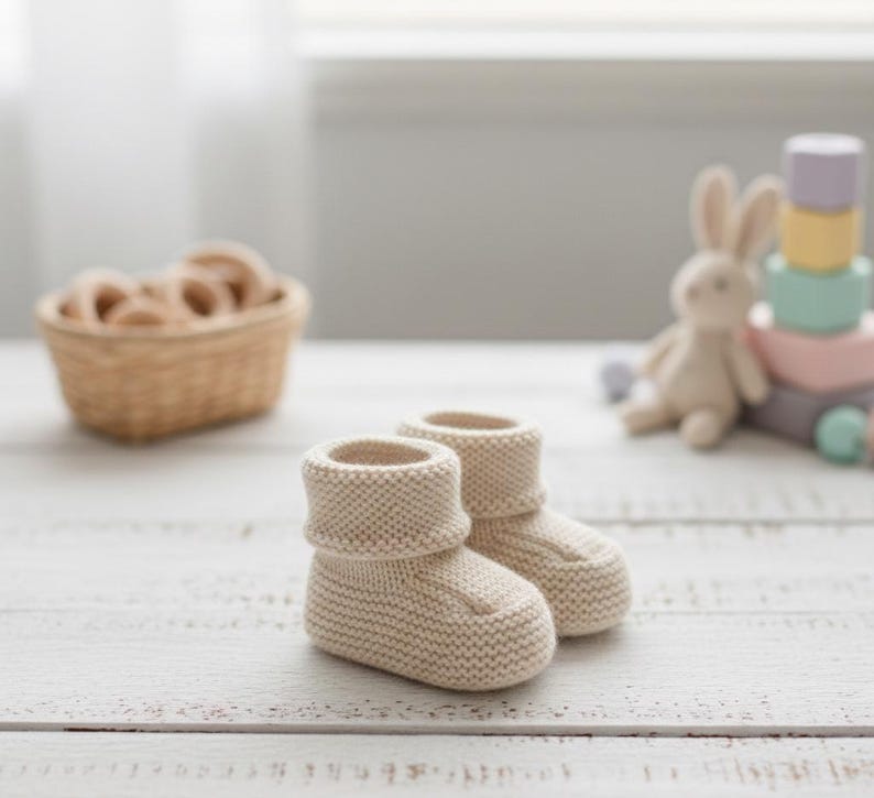 May include: A pair of beige knitted baby booties with folded cuffs. The booties are made of a soft, textured yarn and are placed on a white wooden surface. In the background, a wicker basket and a toy rabbit are visible.
