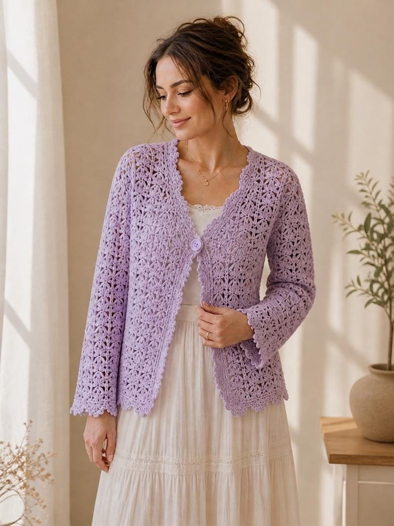 K&ouml;nnte beinhalten: Ein helllila H&auml;kelcardigan mit gewelltem Saum und einem einzelnen Knopfverschluss. Der lang&auml;rmlige, offen gewebte Pullover wird &uuml;ber einem wei&szlig;en Oberteil und einem langen, flie&szlig;enden Rock getragen. Das zarte Muster und die weiche Farbe erzeugen eine feminine &Auml;sthetik.