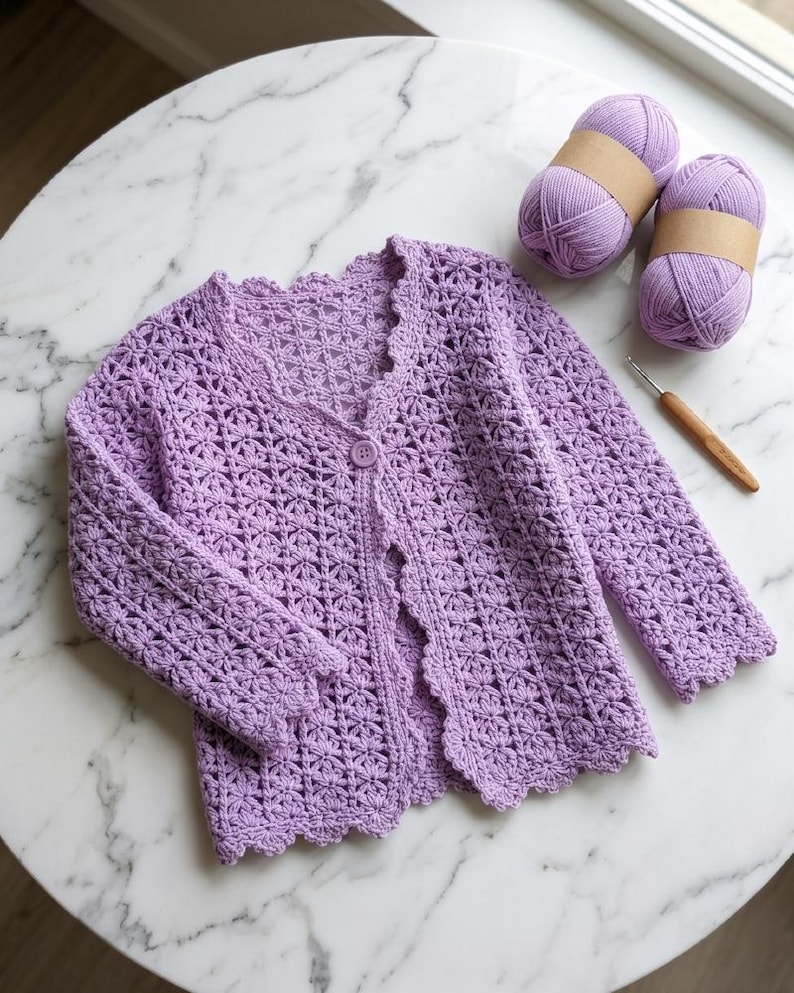 K&ouml;nnte beinhalten: Ein helllila geh&auml;kelter Cardigan mit gewelltem Rand und einem einzelnen Knopfverschluss. Zwei Kn&auml;uel passende Wolle und eine H&auml;kelnadel liegen neben dem Cardigan auf einer Marmoroberfl&auml;che. Der Cardigan hat ein Blumenmuster.