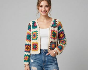 Patrón de cárdigan de crochet, cárdigan de cuadros abuela (PDF), tallas XS-5XL (descarga instantánea)