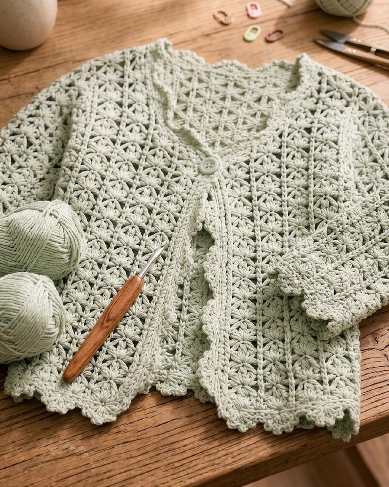 K&ouml;nnte beinhalten: Hellgr&uuml;ne H&auml;keljacke mit floralem Muster und einem einzelnen Knopfverschluss. Die Jacke wird mit zwei Kn&auml;ueln passendem Garn und einer H&auml;kelnadel gezeigt. Die Kanten der Jacken haben eine gewellte Bord&uuml;re.