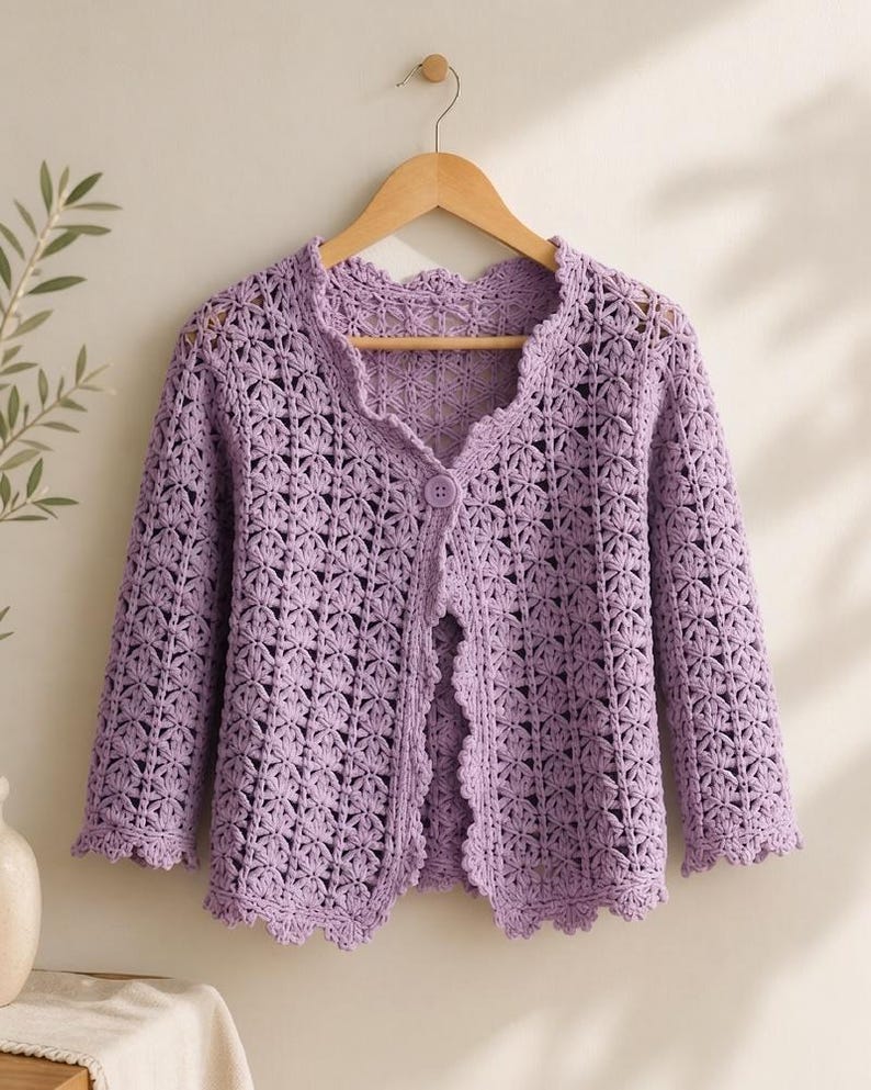 K&ouml;nnte beinhalten: Ein helllila H&auml;kelcardigan mit floralem Muster. Der offene Cardigan hat einen gewellten Saum und wird mit einem einzelnen Knopf geschlossen. Die &Auml;rmel sind dreiviertellang. Der Cardigan h&auml;ngt an einem Holzb&uuml;gel.