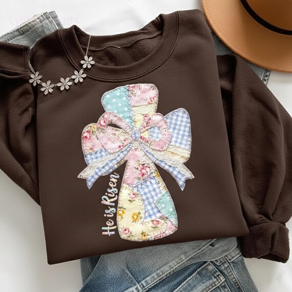 He Is Risen Quilted Bunny Graphic Shirt, Grandma Core Patchwork Easter Sweatshirt, Coquette Stitch Cross Pink Bow Comfort Colors Shirt