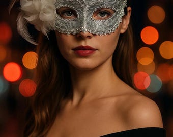 May include: A silver masquerade mask with intricate detailing and a white feather accent. The mask covers the eyes and is worn by a person wearing a black off-the-shoulder top. The background features blurred bokeh lights.