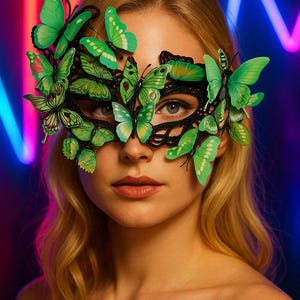 Op de afbeelding: Een zwart kanten masker versierd met felgroene vlinderaccenten. Het masker heeft meerdere vlinders in verschillende groentinten, wat een grillig en elegant ontwerp creëert. Perfect voor kostuumfeesten of thema-evenementen.