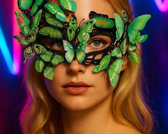 Máscara de encaje de mariposa verde para mascarada - Máscara de fiesta de disfraces hecha a mano