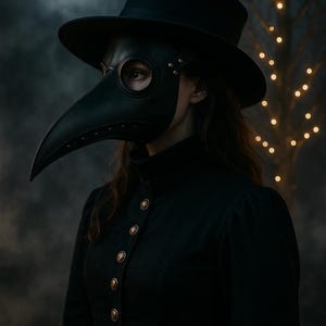 Puede incluir: Una persona con una m&aacute;scara y sombrero de m&eacute;dico de la peste negros. La m&aacute;scara tiene un pico largo y agujeros para los ojos. La persona lleva un abrigo negro con botones dorados. El fondo incluye una luna llena y un &aacute;rbol con luces.