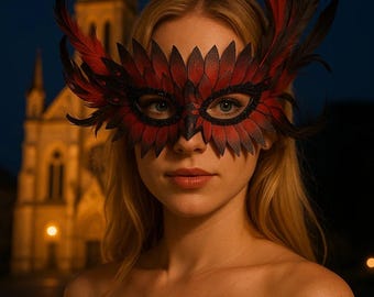 Máscara de mascarada de plumas de diamantes de imitación hecha a mano: media máscara de cuero