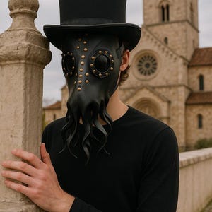 May include: A black leather plague doctor mask with a top hat. The mask has large eye openings, brass rivets, and a long, beak-like nose. The top hat is black and sits atop the mask. The person is wearing a black long-sleeve shirt.