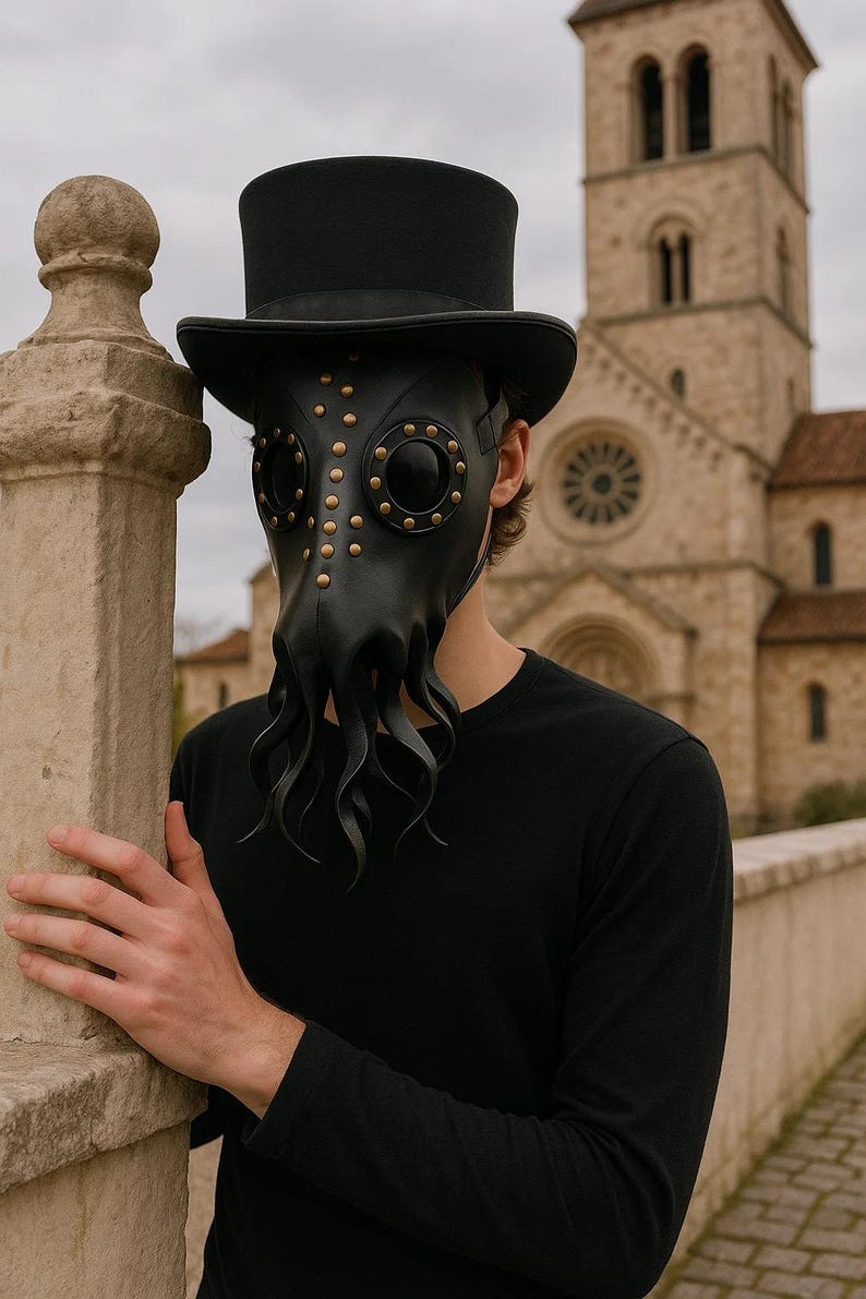 May include: A black leather plague doctor mask with a top hat. The mask has large eye openings, brass rivets, and a long, beak-like nose. The top hat is black and sits atop the mask. The person is wearing a black long-sleeve shirt.