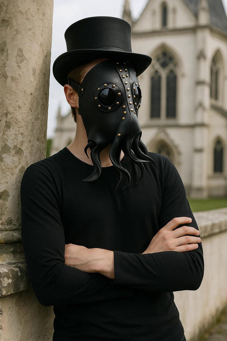 May include: Black leather plague doctor mask with brass rivets and tentacle-like extensions. The mask has large, dark eye lenses and is paired with a black top hat. The person is wearing a black long-sleeve shirt.