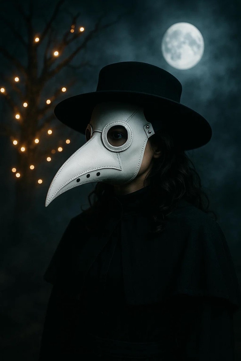 Puede incluir: Una persona con una m&aacute;scara de m&eacute;dico de la peste blanca con un pico largo y agujeros redondos para los ojos, combinada con un sombrero y una capa negros. El fondo presenta una luna llena y un &aacute;rbol con luces brillantes.