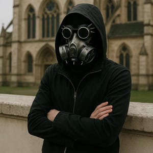 May include: A person wearing a black hooded jacket and a steampunk-style gas mask with goggles and metal details. The person is standing outdoors with arms crossed, in front of a stone building.