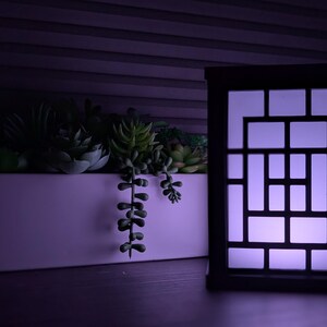 May include: A rectangular white planter filled with assorted green succulents. A black, geometric-patterned lantern glows with a soft purple light. The scene is set in a dimly lit environment, creating a tranquil ambiance.